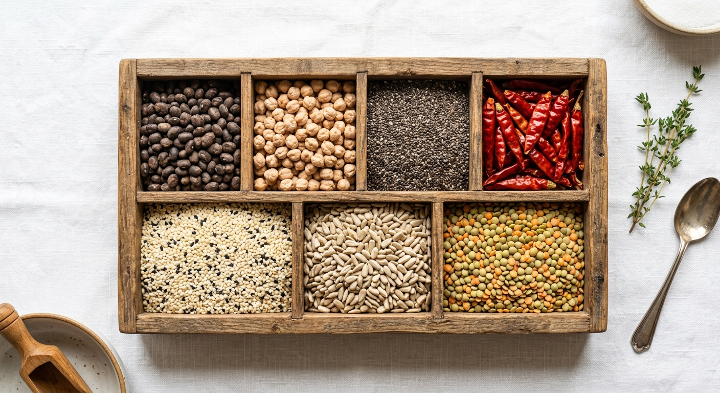 Premium grain varieties in wooden tray